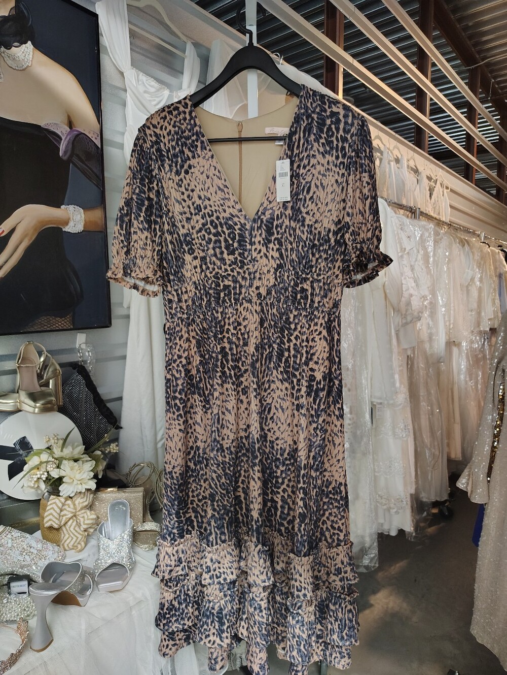 Anthropologie Hutch Adelia Ruffled Midi Dress Brown Motif XL NWT - Picture 2 of 11